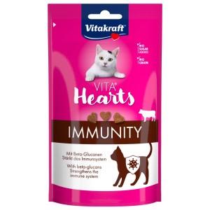 Vitakraft Vita Hearts Immunity Rind, 40g Packung Katzenleckerli mit Rind und Beta-Glucanen.