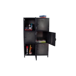 Schwarzer Rikta Vintage Metallschrank mit 6 Türen, teilweise geöffnet, im Industrial-Stil.
