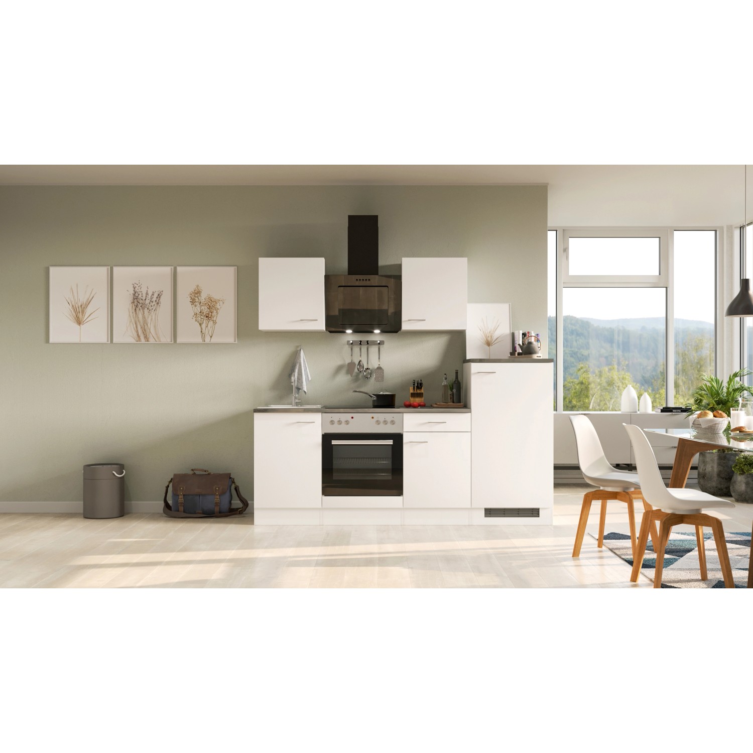 Flex-Well Küchenzeile Lucca, 220 cm, Weiß matt/Caledonia Dekor, mit E-Geräten.