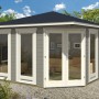 Braunes Alpholz Gartenhaus Maja ISO mit Spitzdach und großen Fenstern. Ideal als Homeoffice im Garten.