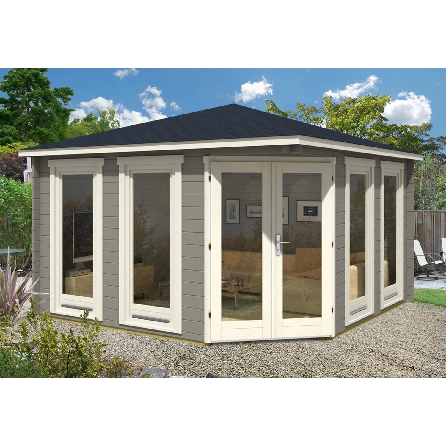 Braunes Alpholz Gartenhaus Maja ISO mit Spitzdach und großen Fenstern. Ideal als Homeoffice im Garten.