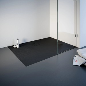 Rechteckige, anthrazitfarbene Schulte Duschwanne ExpressPlus 120x90 cm mit Ablaufgarnitur und leichter Textur.