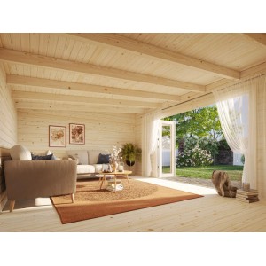 Innenansicht: Graues Palmako Gartenhaus Lea mit Pultdach als Wohnraum mit Möbeln und Gartenzugang.