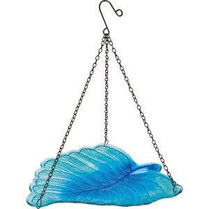 Hängende Vogeltränke aus Glas in Blattform, blaugrün, Ø 30 cm, Gartendekoration.