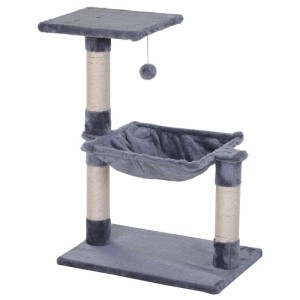 Grauer PawHut Kratzbaum mit Sisalsäulen, Plüsch-Hängematte und Spielball für Katzen.