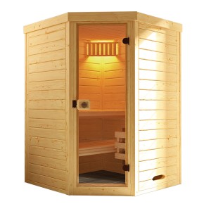 Weka Elementsauna Laukkala 1 mit Leuchtenset aus Fichtenholz und Glastür.