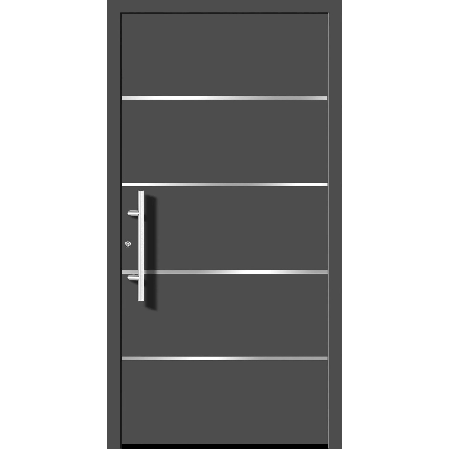 Moderne anthrazitfarbene Aluminium-Haustür mit Edelstahl-Applikationen und Stoßgriff.
