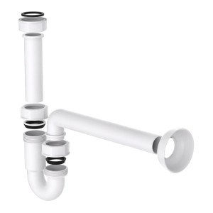 Weißer Kirchhoff Röhrensiphon (41,9 mm x 32 mm) für Spüle, mit Reinigungsöffnung und Wandrosette.