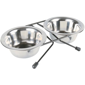 Jollypaw Napf-Set: 2 Edelstahlnäpfe (je 0,2 l) auf schwarzem Metallhalter mit Gummifüßen.