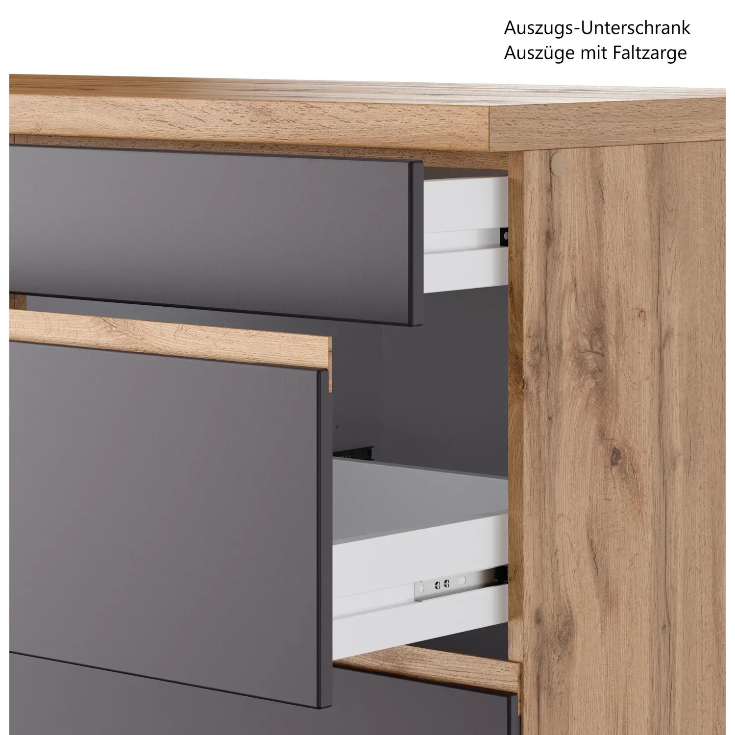 Küchenzeile Turin: Detailansicht der Schubladen in Graphit und Wotaneiche mit Auszug.