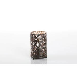 Kleine LED Stehlampe in Schwarz-Kupfer mit filigranem Muster für Innenräume.