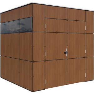 Modernes Bertilo Gartenhaus HPL Italian Walnut mit Fenster und Flachdach.