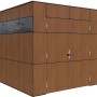 Modernes Bertilo Gartenhaus HPL Italian Walnut mit Fenster und Flachdach.
