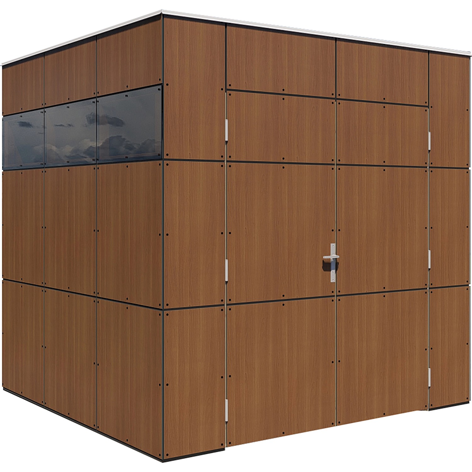 Modernes Bertilo Gartenhaus HPL Italian Walnut mit Fenster und Flachdach.