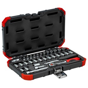 Gedore Steckschlüssel-Satz R49003033, 33-teilig im Koffer mit Knarre, Stecknüssen und Bits.