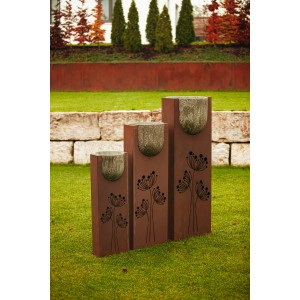 Ferrum Art Design Säulen-Set Stone, 3 Pflanzsäulen in Rostoptik mit Kalkbetontöpfen für Gartendekoration.