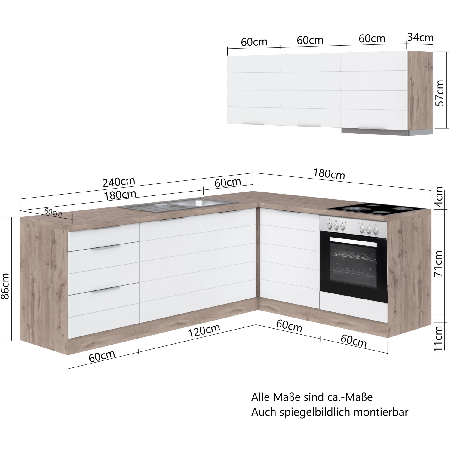 Held Möbel Winkelküche, 240x180 cm, matt weiß/Wotaneiche, ohne Geräte. Küchenzeile mit Hängeschränken.
