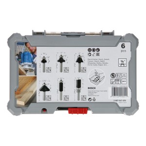 Bosch Rand- und Kantenfräser Set, 6-teilig, 6mm Schaft, in grauer Aufbewahrungsbox.