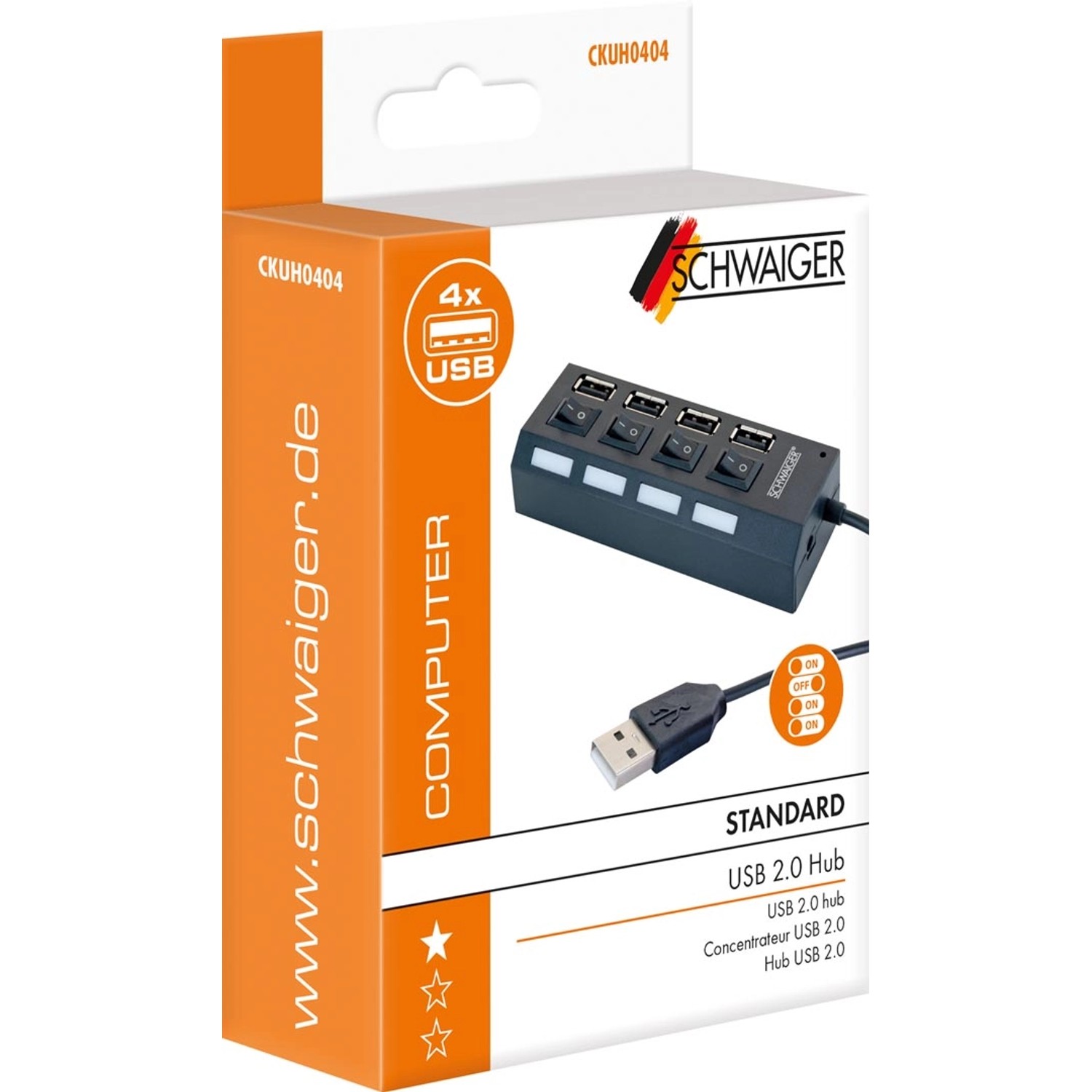 Schwaiger USB 2.0 Hub mit 4 Ports, Schalter und LED in Schwarz, Verpackung.