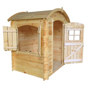 Timbela Kinderspielhaus M505-1 aus Holz mit geschwungenem Dach und Fensterläden.