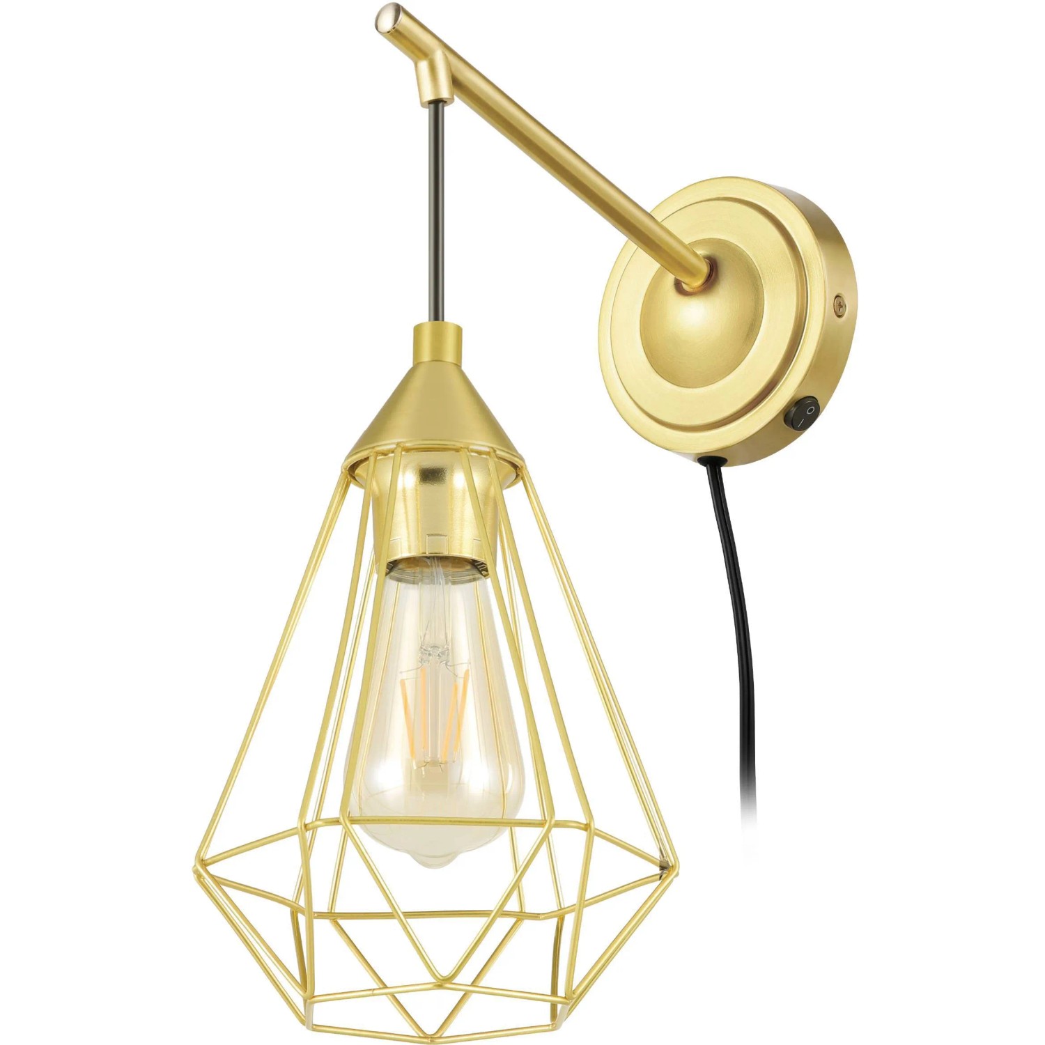 Moderne Wandleuchte Tarbes in Messing gebürstet mit Drahtschirm in Diamantform.