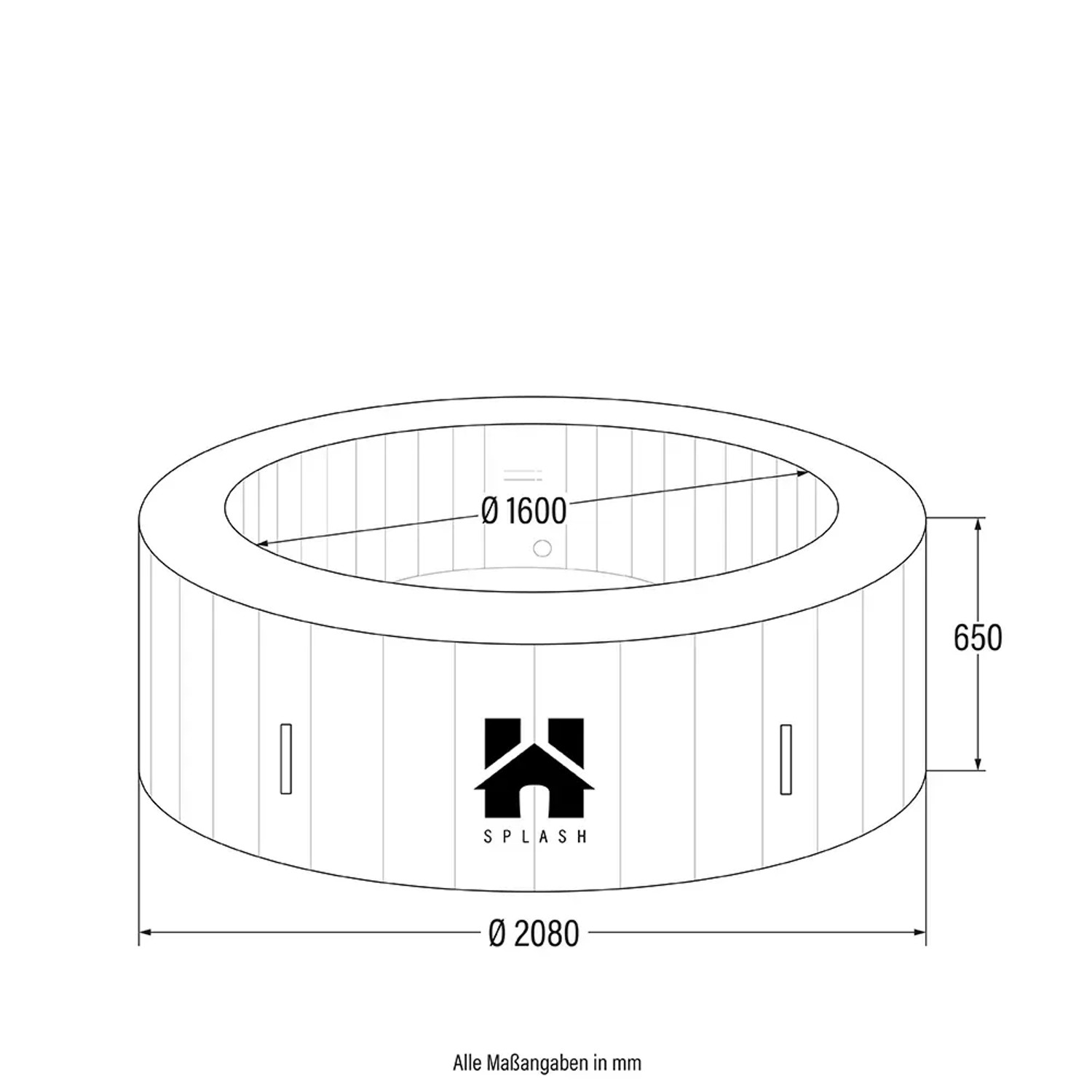 Skizze Home Deluxe Whirlpool Splash, Ø 208 cm, Betonoptik, mit Maßangaben.