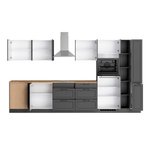 Moderne Winkelküche Kempten, 360 cm, Grau/Graphit mit E-Geräten und autarkem Kochfeld.