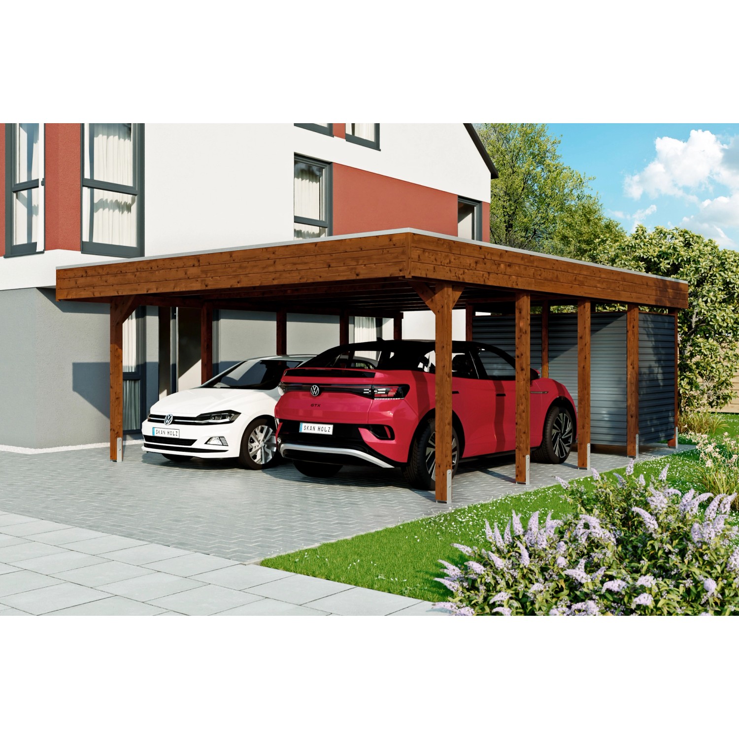 Skan Holz Carport Friesland Hybrid Nussbaum mit Abstellraum und zwei Autos.
