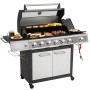 El Fuego Edelstahl-Gasgrill Long Beach mit Speisen auf dem Grillrost und Seitenablage.