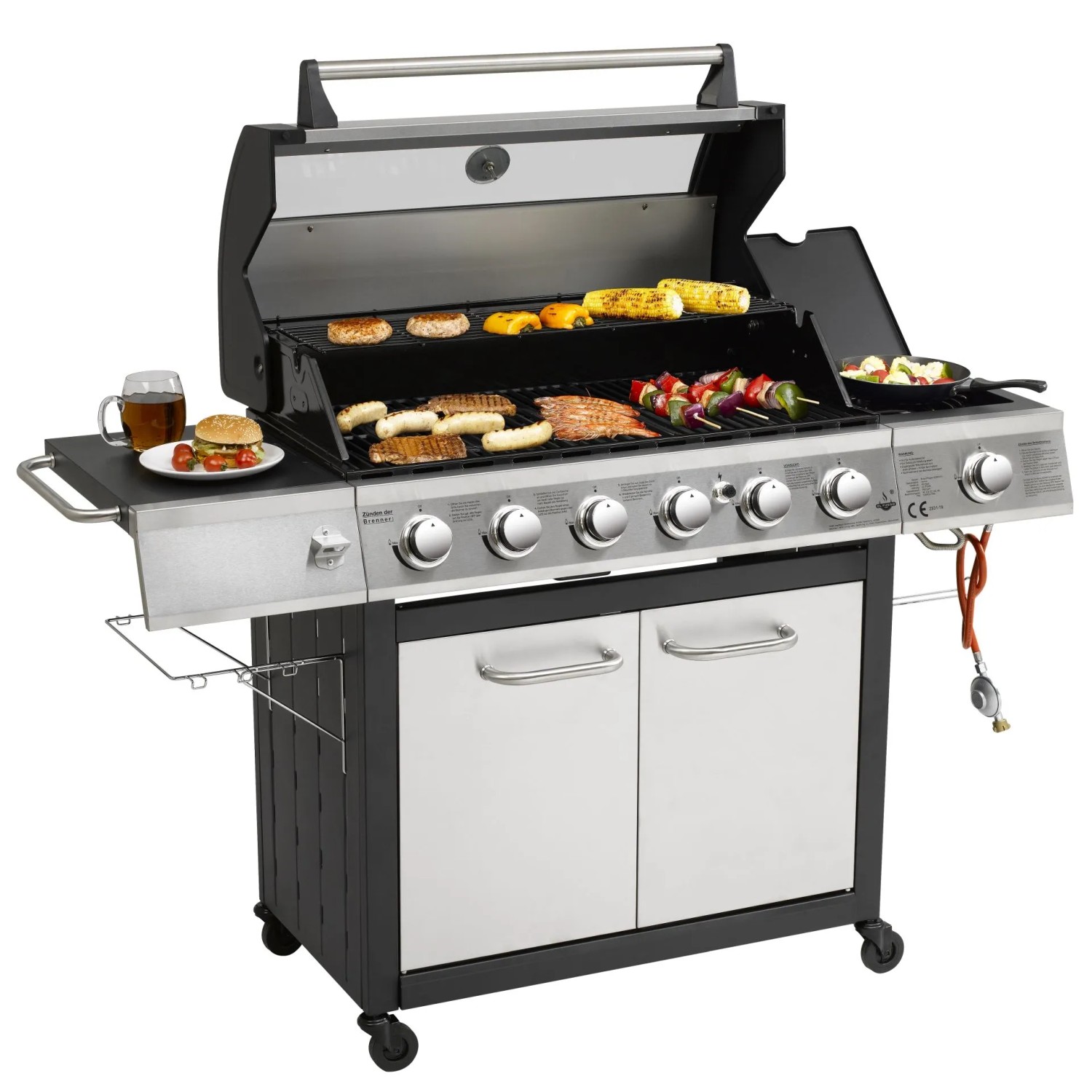 El Fuego Edelstahl-Gasgrill Long Beach mit Speisen auf dem Grillrost und Seitenablage.