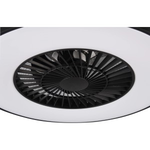 Moderne, mattschwarze Reality LED-Deckenleuchte Halmstad mit integriertem Ventilator.