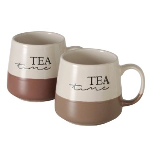 Zwei Boltze Teatime Becher aus Steinzeug, zweifarbig hell/braun, mit 'TEA time' Schriftzug. Geschirr, 370 ml.