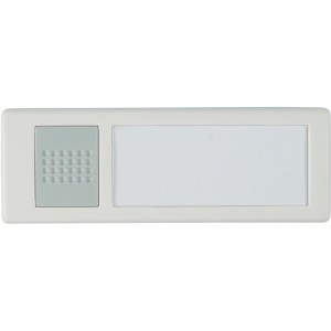 Weißer REV Funk-Klingeltaster mit grauer Taste und Beschriftungsfeld für Türklingeln.