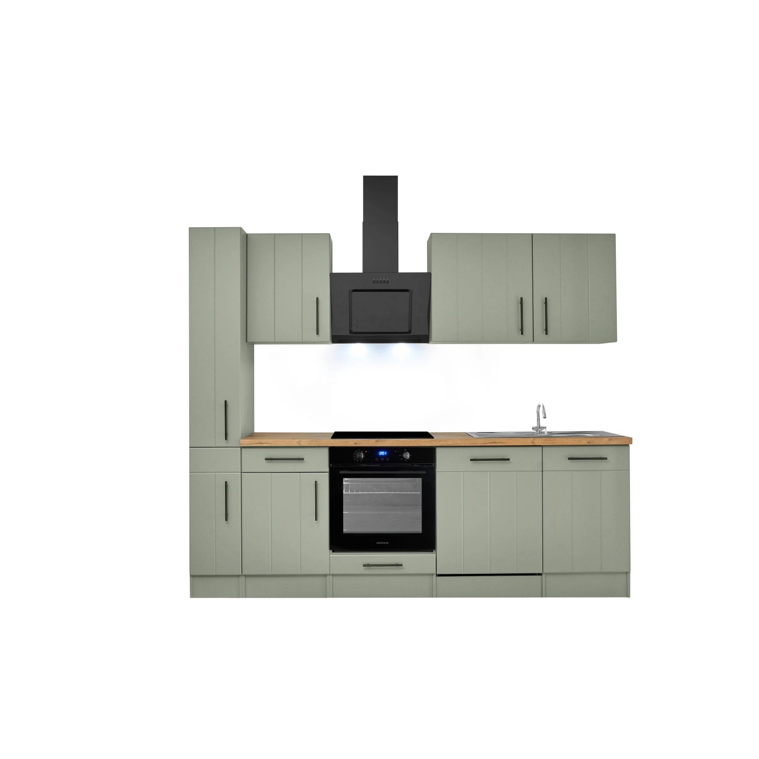 Respekta Landhausküche Anton in Schilfgrün mit Induktionskochfeld und Dunstabzugshaube.