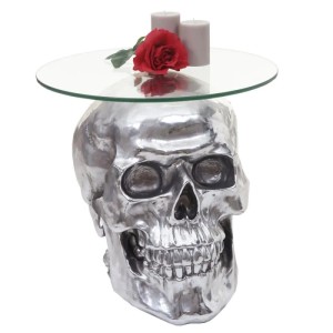 Silberner Beistelltisch Totenkopf mit Glasplatte, 52x55x55cm, für das Wohnzimmer.