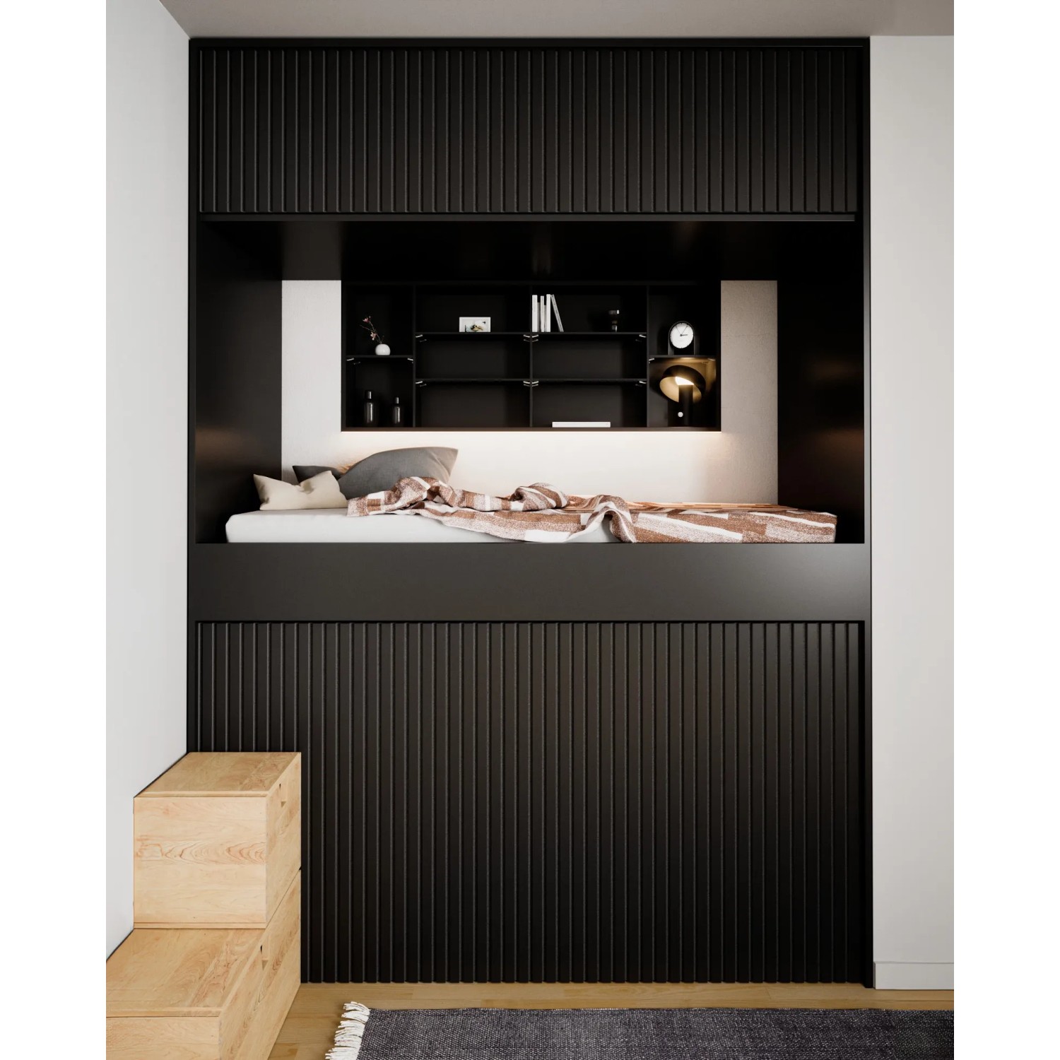 Schwarzes Akustikpaneel Linoleum Nero an Wand und Decke für verbesserte Raumakustik.