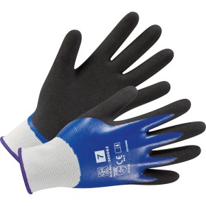 Blau-schwarze Gartenhandschuhe mit Nitrilbeschichtung, Größe 7.
