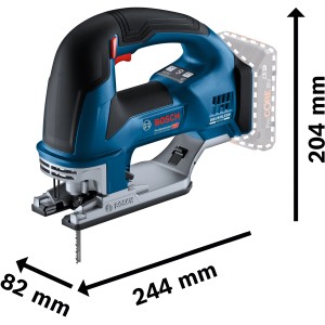 Bosch Professional Akku-Stichsäge GST 18 V-155 BC mit Akkus und L-Boxx, blau/schwarz, mit Maßangaben.