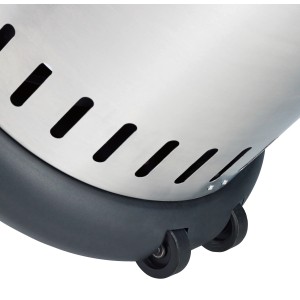 Detailaufnahme: Enders Gas-Terrassenfeuer Vulano Edelstahl Schwarz mit Rollen für einfachen Transport.