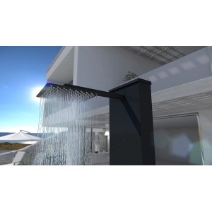 Weiße Pool Professional Solardusche Straight Line mit Regendusche im Außenbereich.