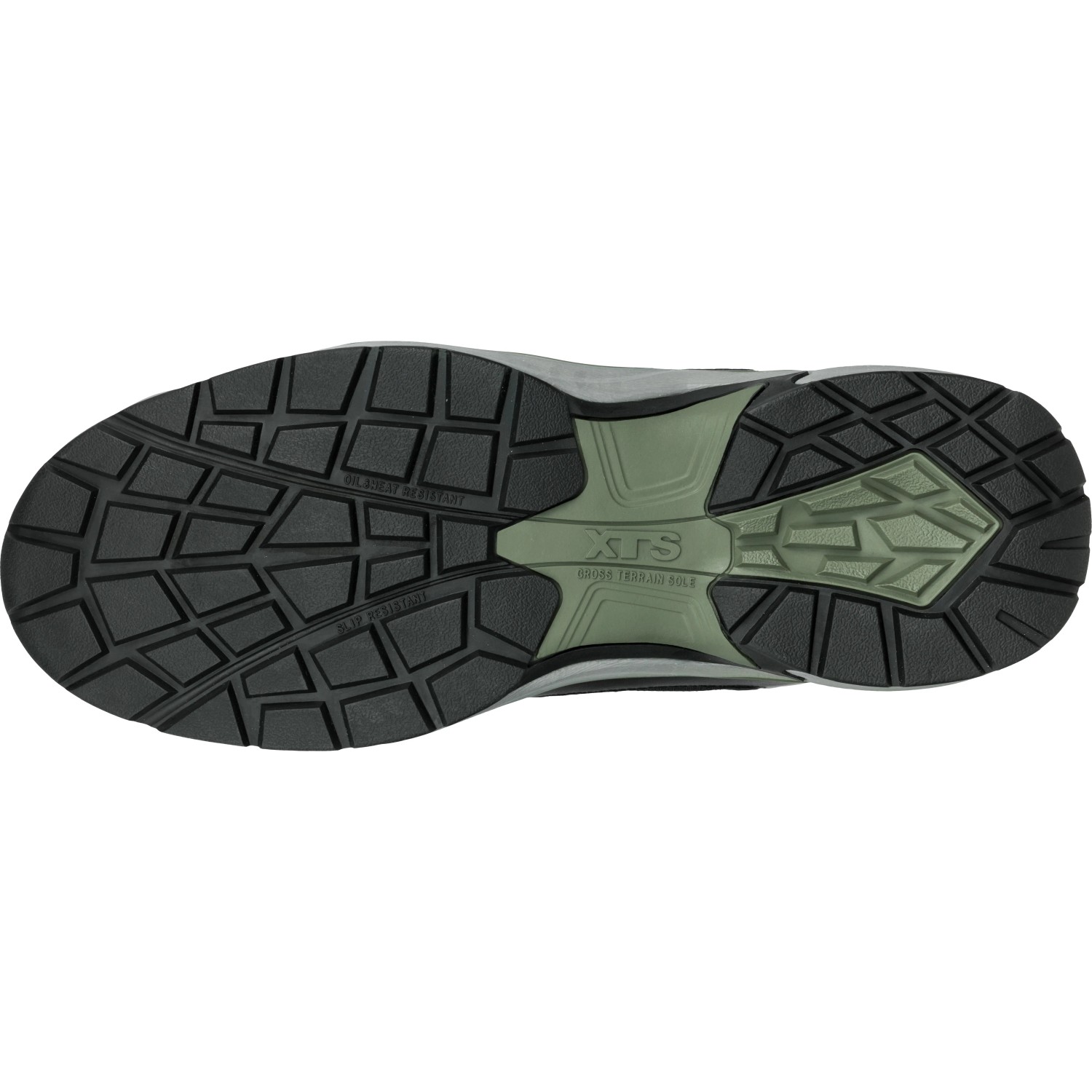 Sohle des Albatros Sicherheitsstiefel Ultratrail CTX Mid S3, schwarz-oliv, mit rutschfestem Profil.