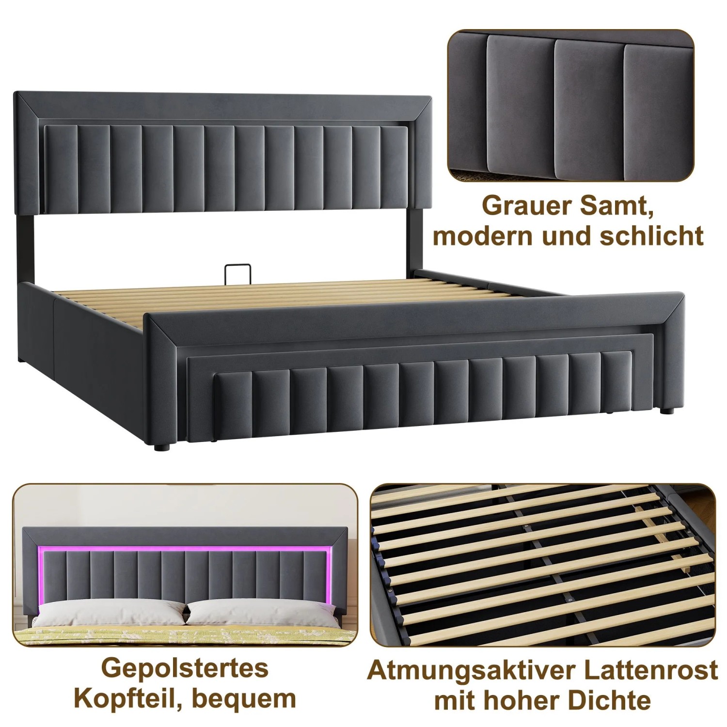 okwish Polsterbett mit LED Beleuchtung Schubladen Jugendzimmer 180x200cm Grau_7