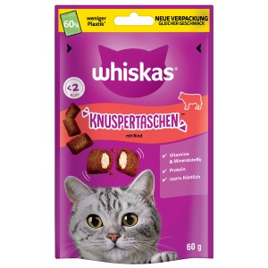 Whiskas Knuspertaschen Rind, 60g: Katzen-Ergänzungsfutter mit knuspriger Hülle und weichem Kern.