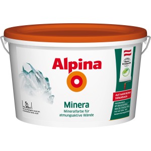 Eimer Alpina Minera Silikatfarbe, Weiß matt, 5 Liter. Für atmungsaktive Wände und ein gesundes Raumklima.