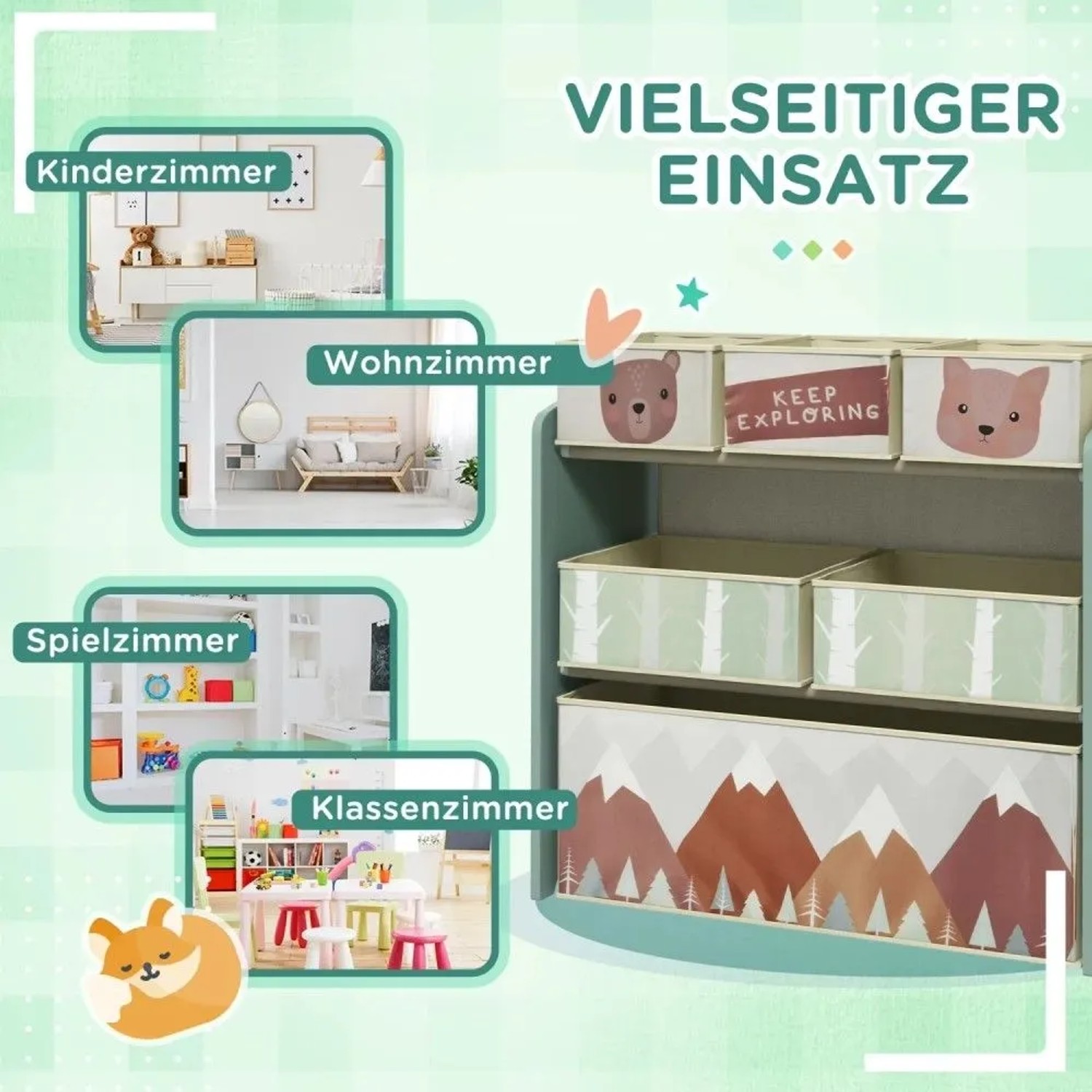 ZONEKIZ Kinderzimmerregal mit bunten Boxen, Tier- und Naturmotiven, vielseitig einsetzbar in Kinder-, Spiel- und Wohnzimmern.