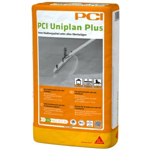 Sack PCI Uniplan Plus Fein Nivellierspachtel, selbstverlaufende Ausgleichsmasse für glatte Oberflächen.