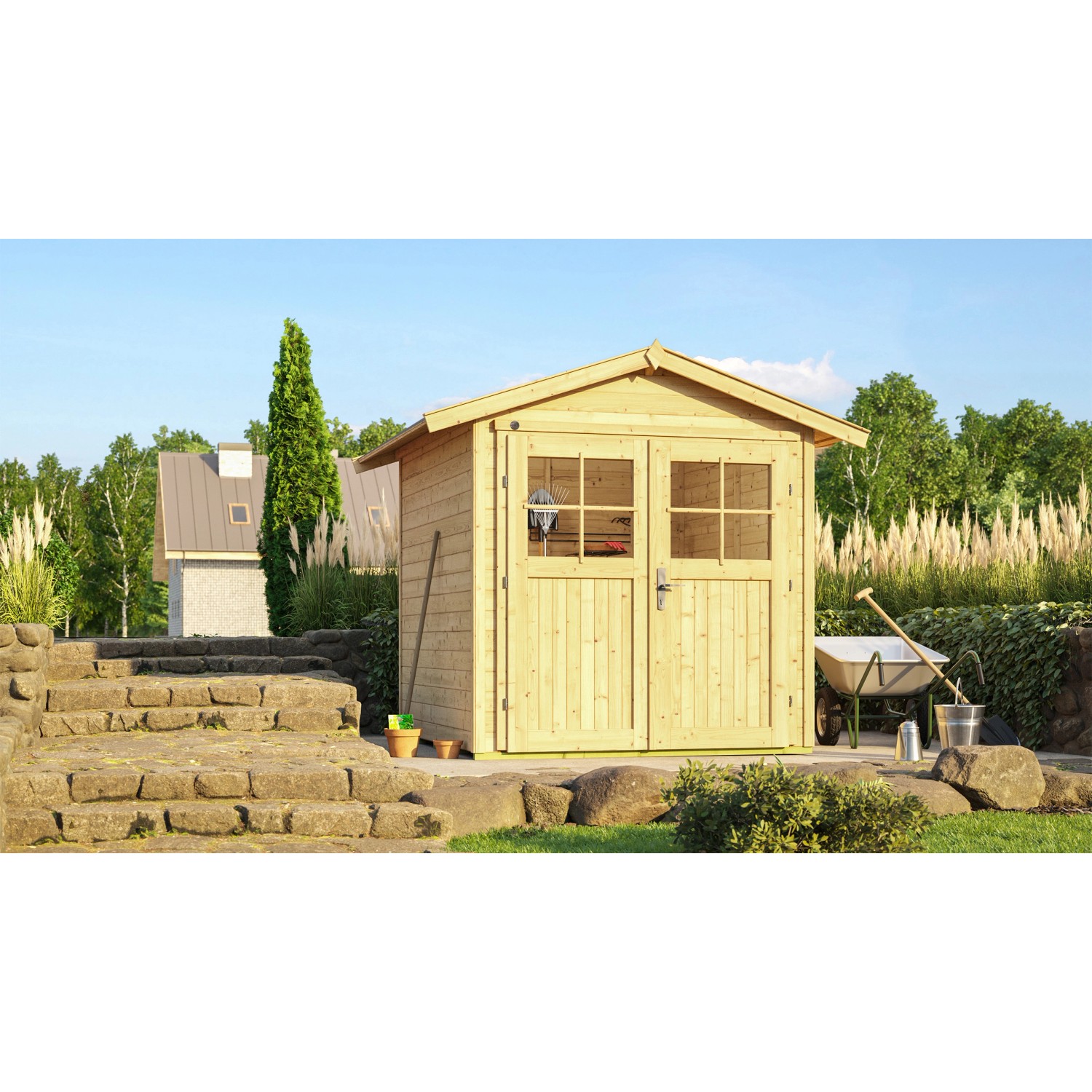 Naturbelassenes weka Gartenhaus 224 mit Doppeltür und Satteldach im Garten.