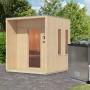 Karibu Saunahaus Almeria mit Ofen (9 kW Bio Extern), naturbelassen, mit Terrasse und Glasfront.