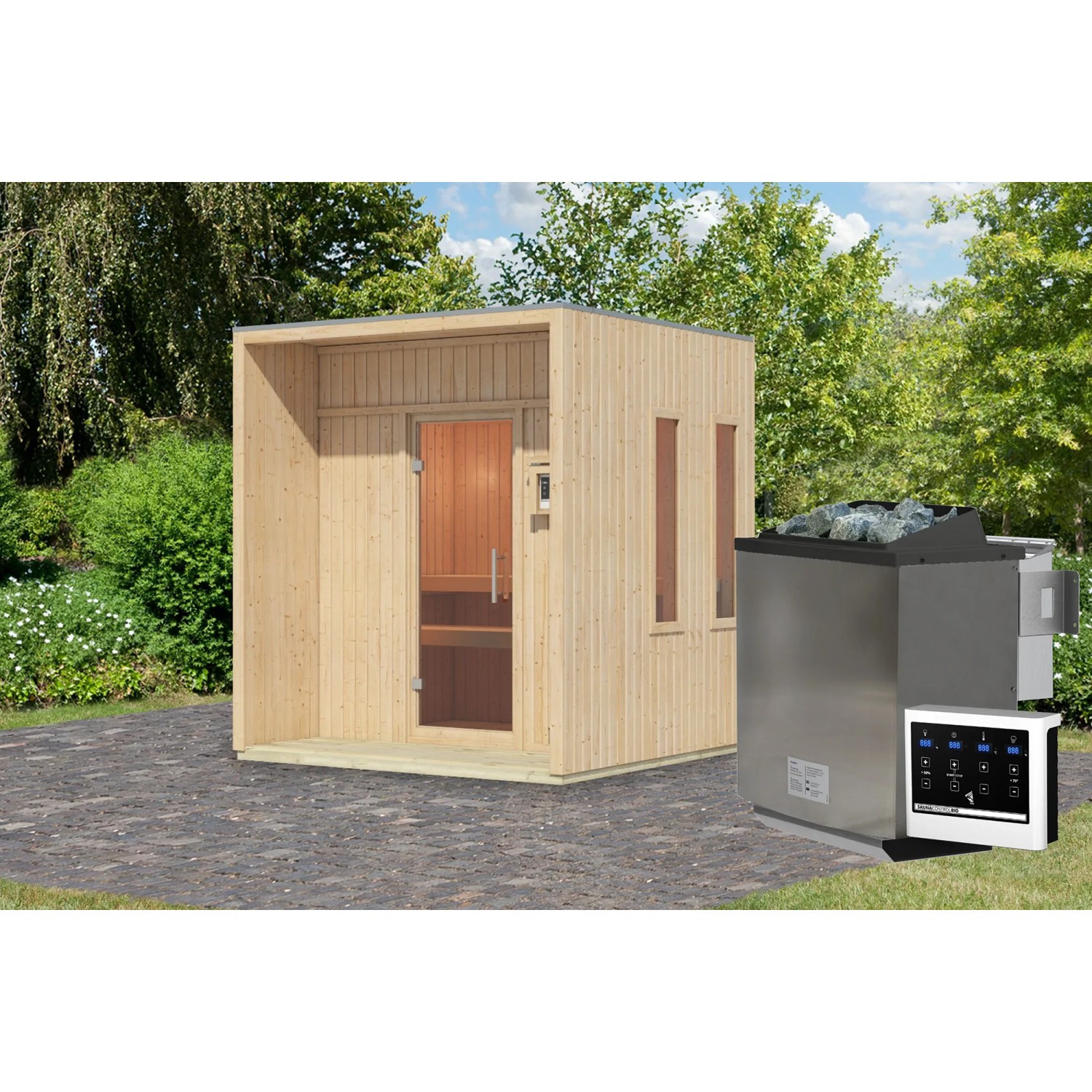 Karibu Saunahaus Almeria mit Ofen (9 kW Bio Extern), naturbelassen, mit Terrasse und Glasfront.