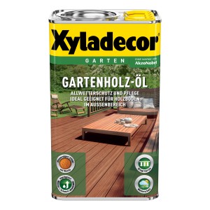 Dunkles Xyladecor Gartenholz-Öl Natur, 2,5 l Dose für Holzschutz und Pflege im Außenbereich.